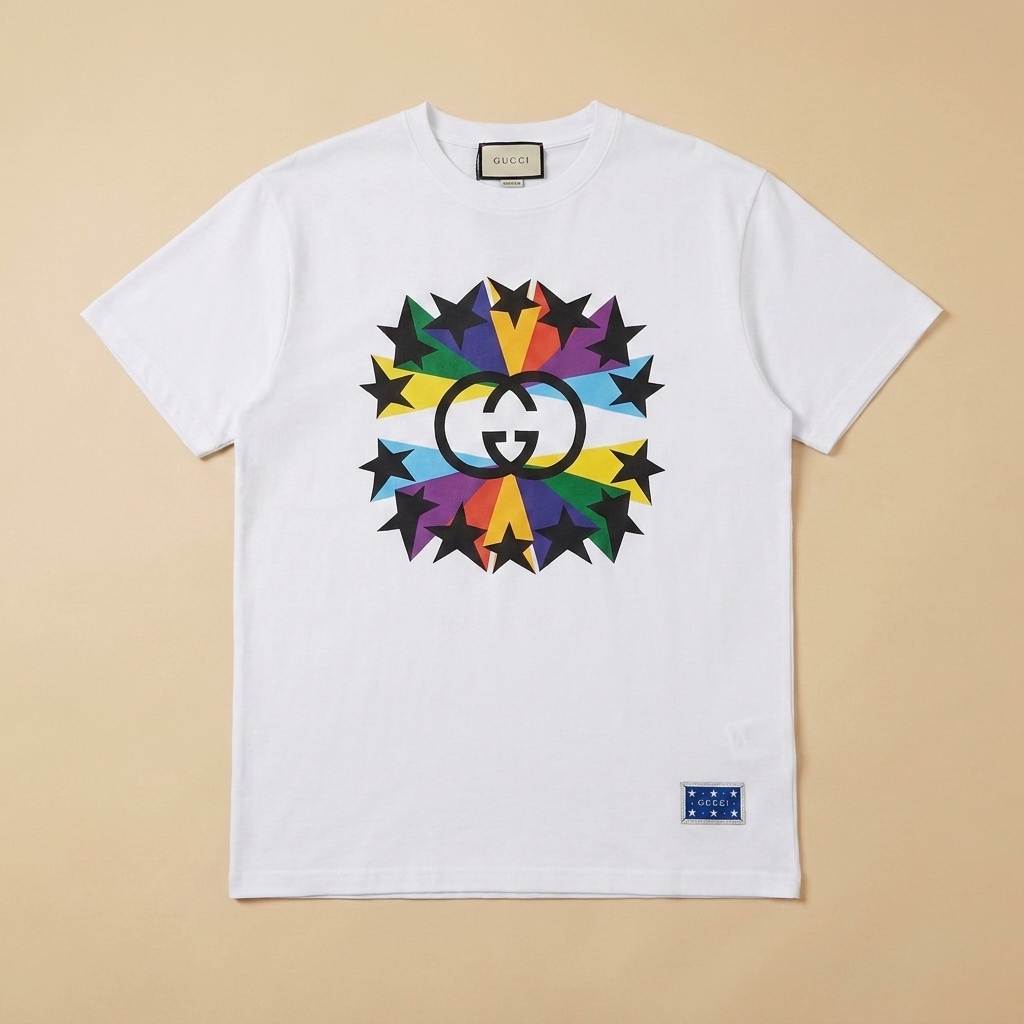 T-shirt usata bianca con logo GG e stelle multicolore