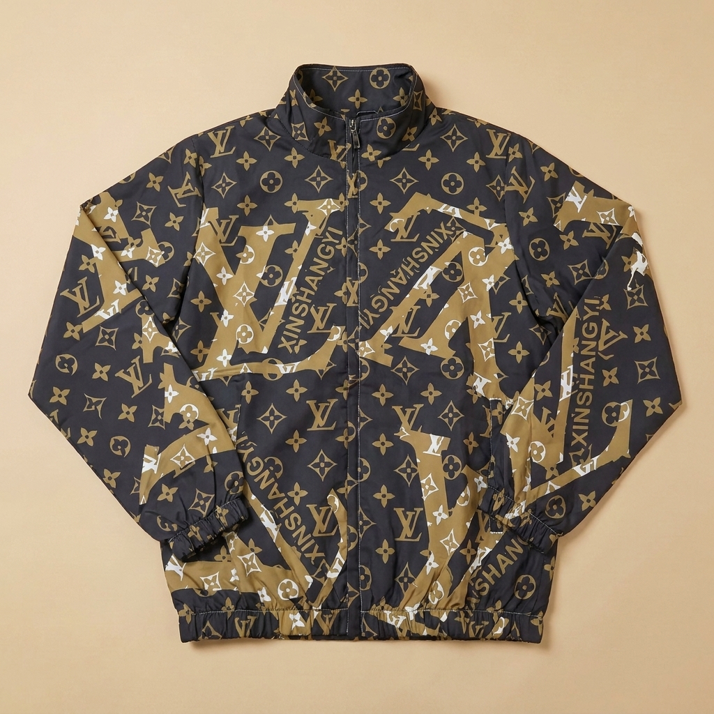 Giacca leggera usata marrone con monogramma e grafica geometrica