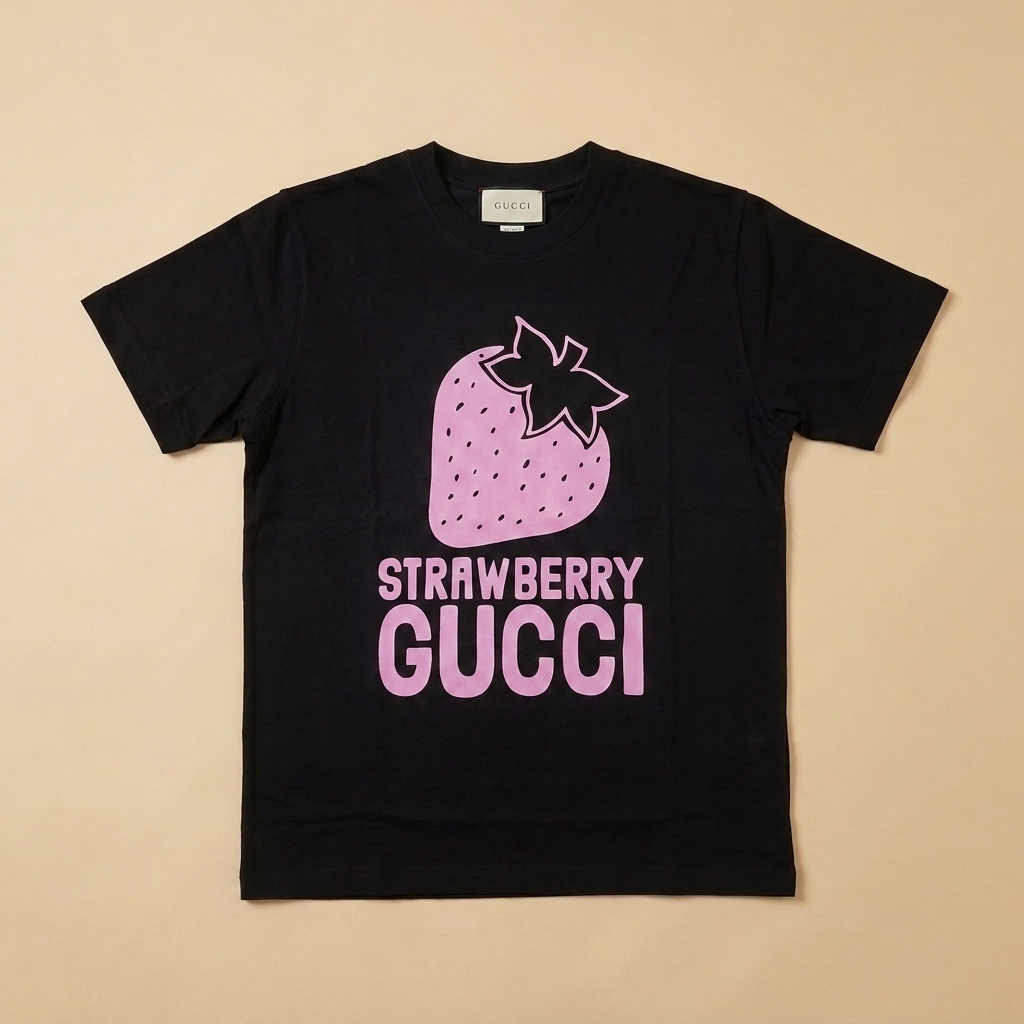 T-shirt usata nera con fragola e logo rosa