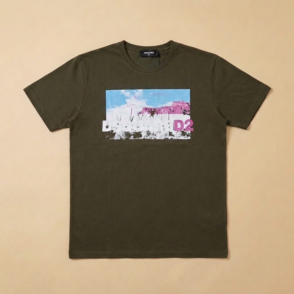 T-shirt usata verde militare con grafica paesaggio e logo D2