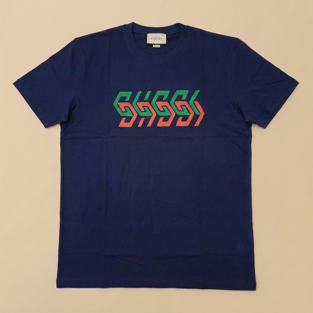 T-shirt usata blu scuro con motivo GG verde e rosso