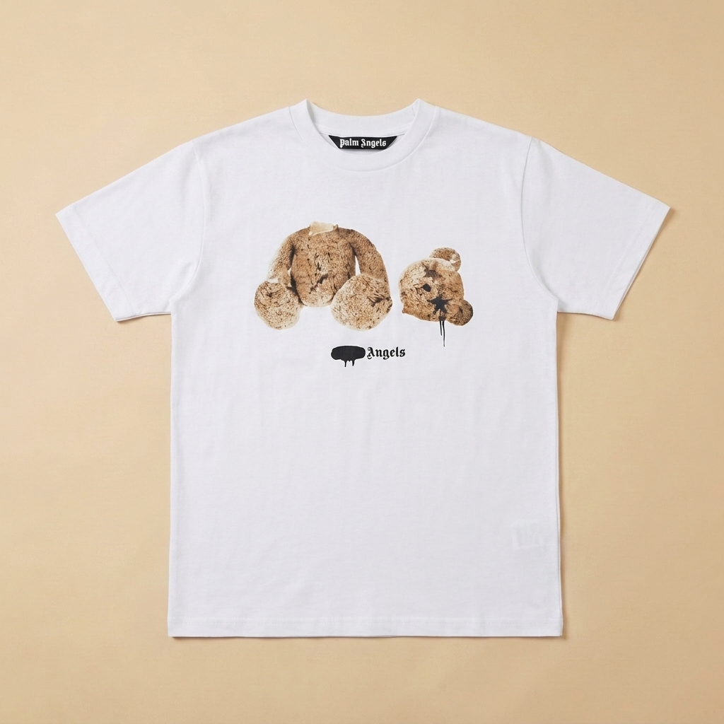 T-shirt usata bianca con stampa orsetti beige