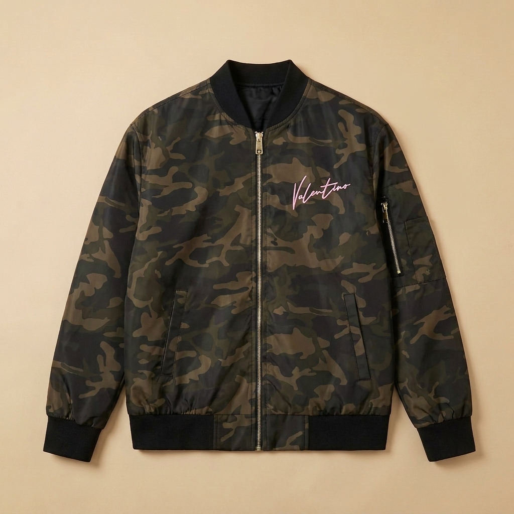 Giubbotto bomber usato camouflage con maxi logo rosa e rosso