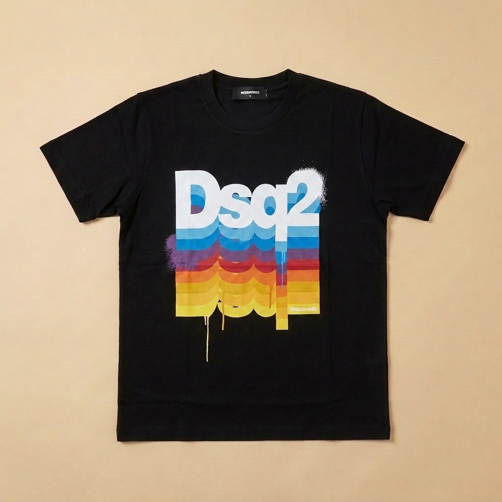 T-shirt usata nera con maxi logo multicolore e colature