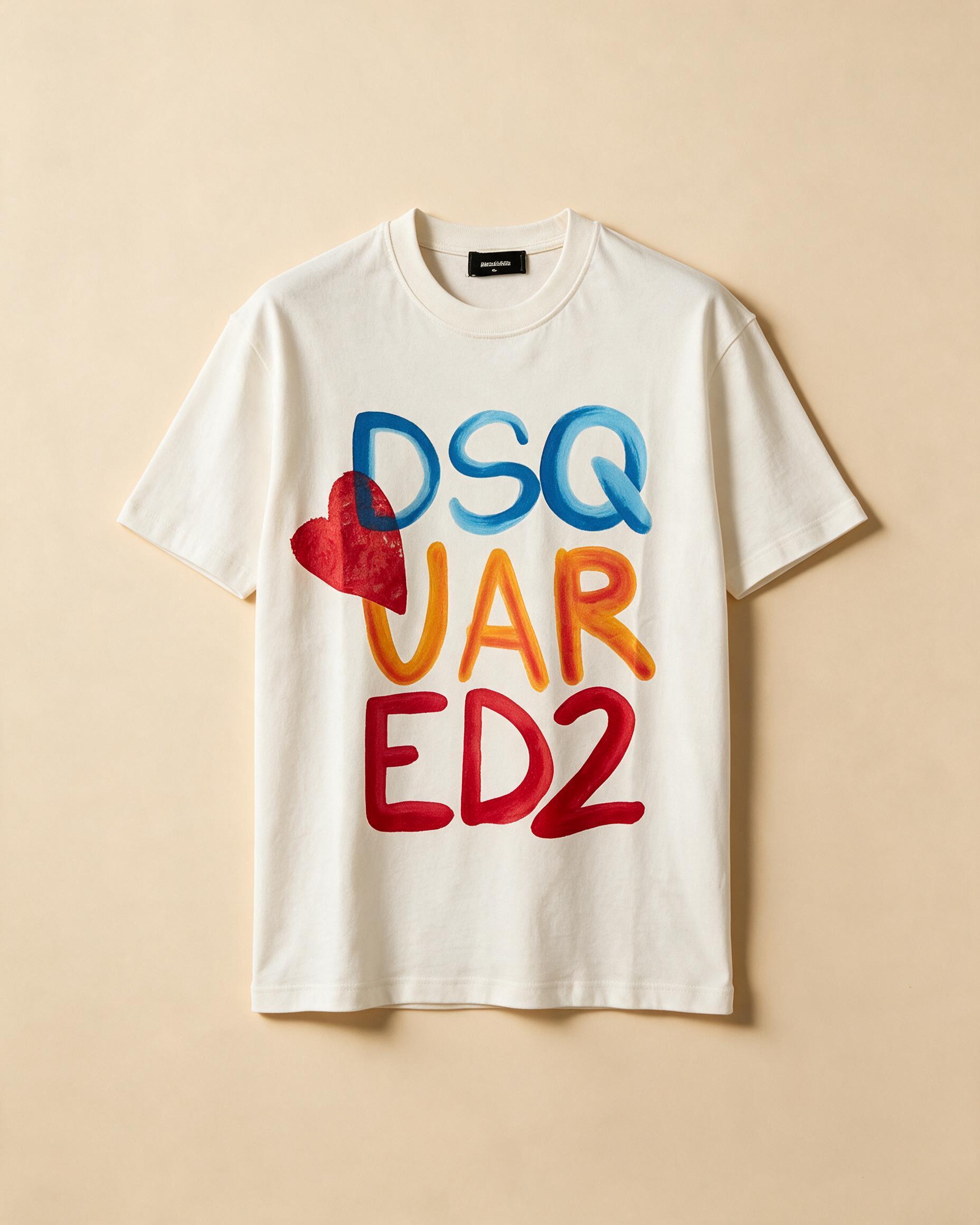 T-shirt usata bianca con stampa colorata e cuore