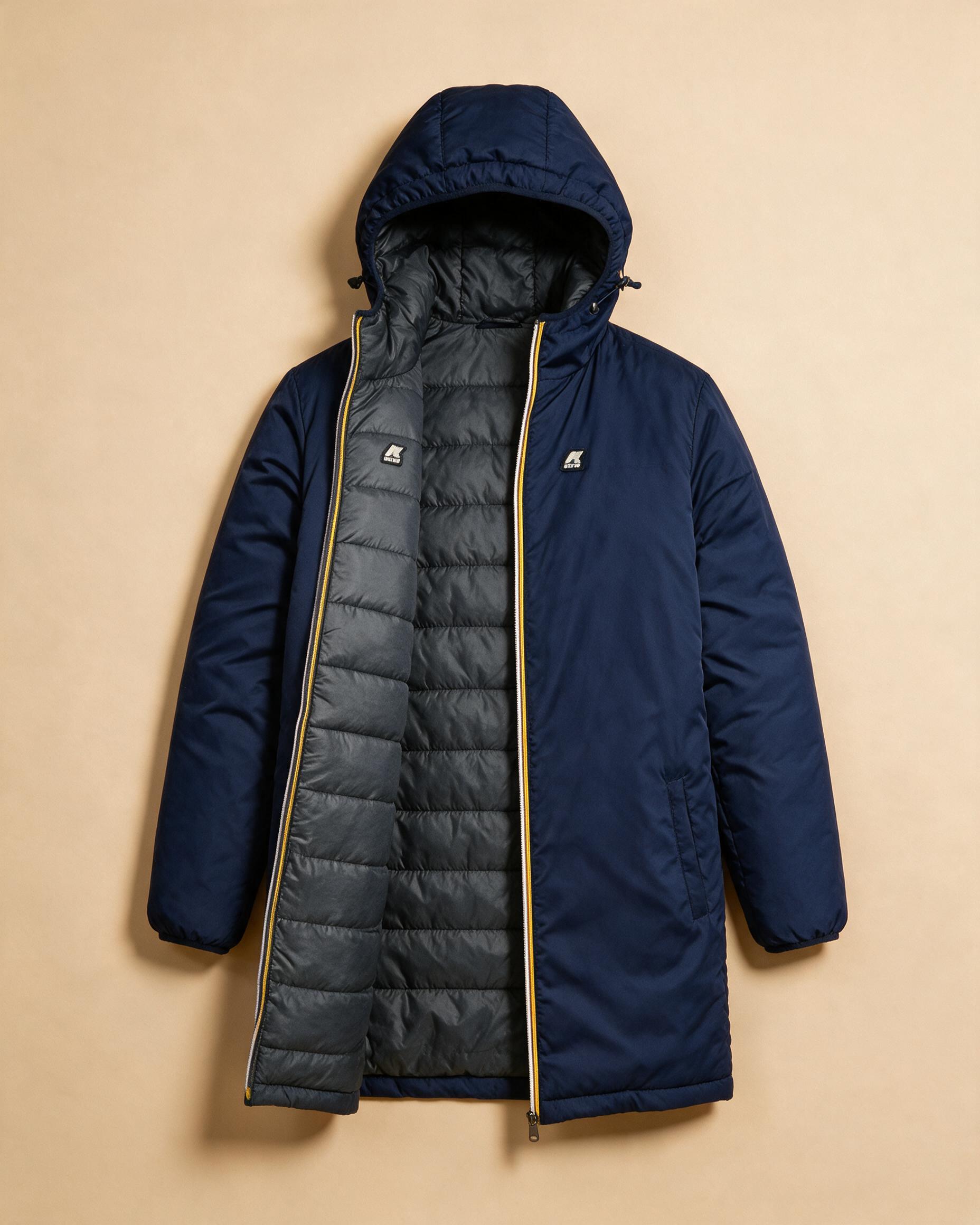 Piumino uomo lungo double face blu e grigio con cappuccio · Usato