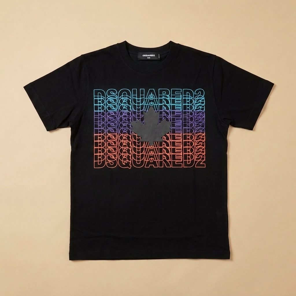 T-shirt usata nera con logo sfumato e foglia d’acero