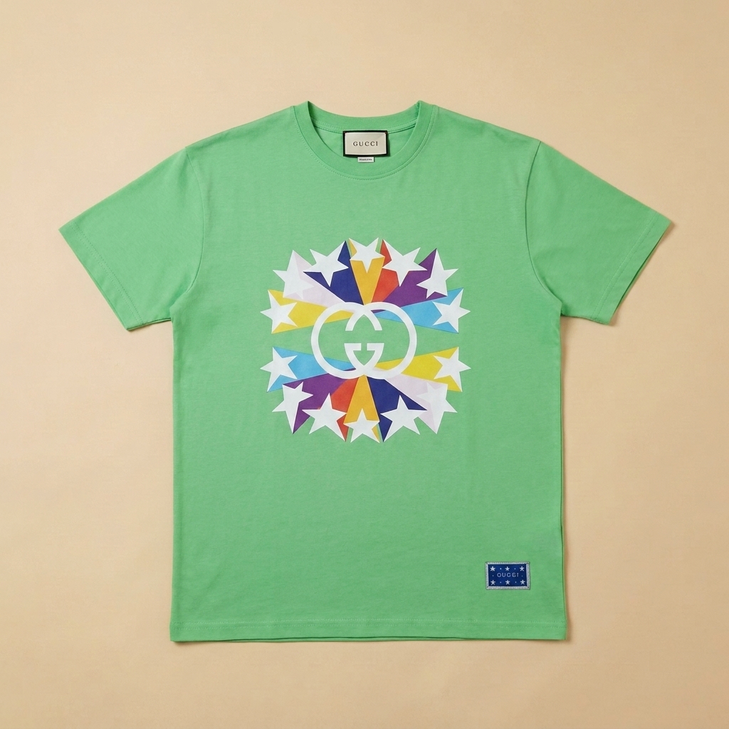 T-shirt usata verde con logo GG e stampa multicolore