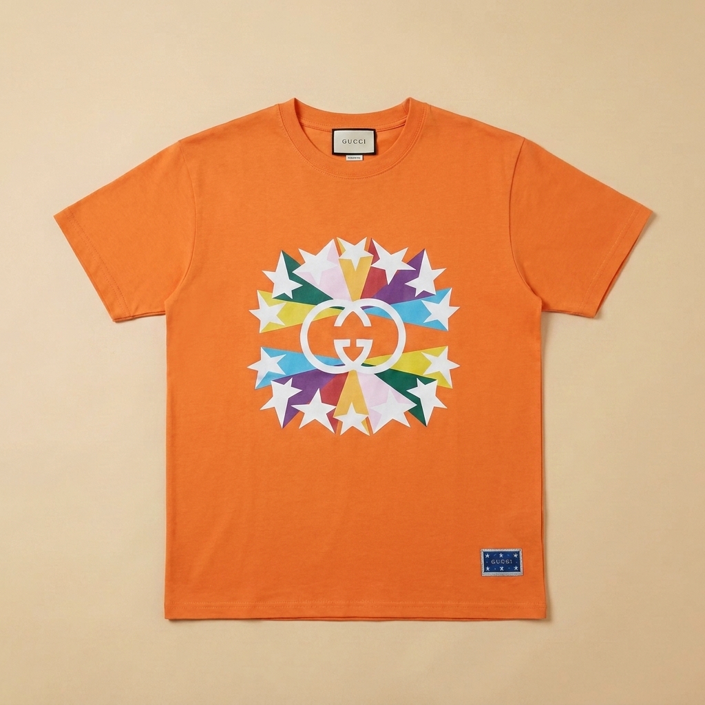 T-shirt usata arancione con logo GG e stelle multicolore