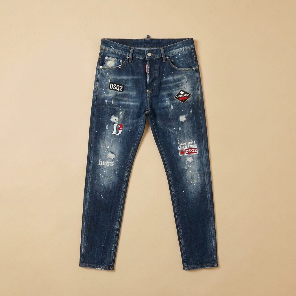 Jeans usati blu distressed con strappi e applicazioni grafiche